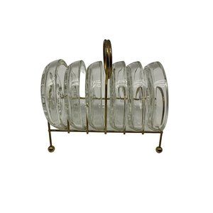 Fleur De Lis MCM Glass Coaster Set In Gold Tone Rack, 1970s Princess House